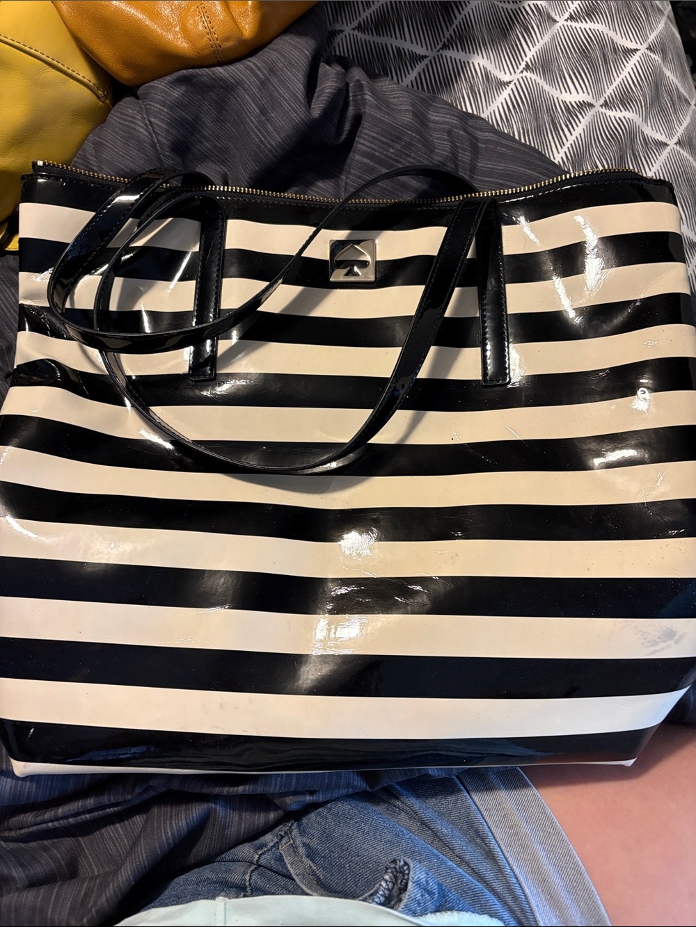 kate spade Black and White Striped Patent Tote